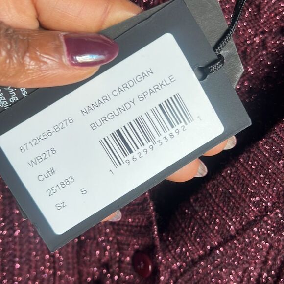 NEW PAIGE Nanari Metallic Cable Knit V-Neck Cardigan in Burgundy Sparkle - Picture 8 of 11